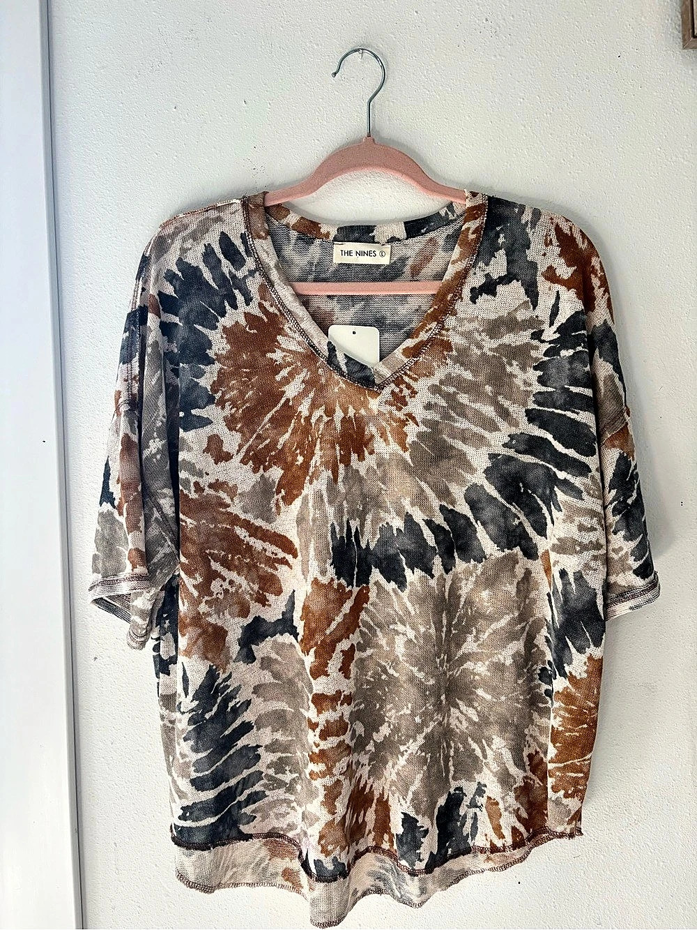 The Nines Abstract Short Sleeve Top in Brown & Gray Large NWT